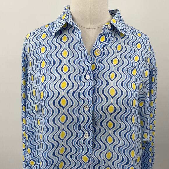 J McLaughlin Fallon Linen Blouse Long Sleeve Costa Key Print Blue Womens Medium - Picture 2 of 11